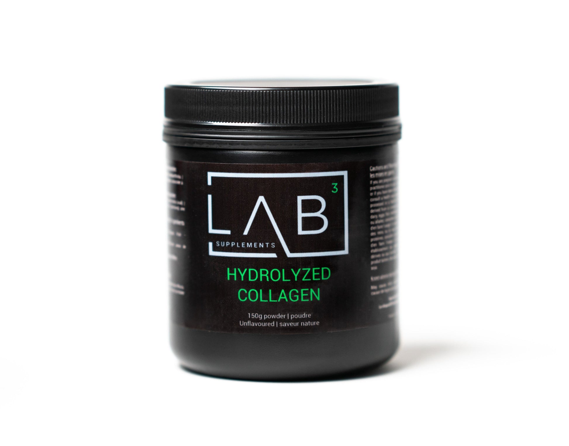 Image of LAB branded hydrolyzed collagen supplement in black screw-top container