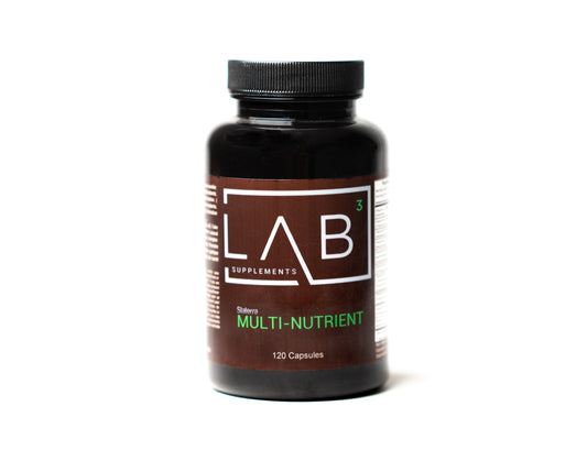 LAB Branded multi-nutrient supplement in small screw-top black bottle