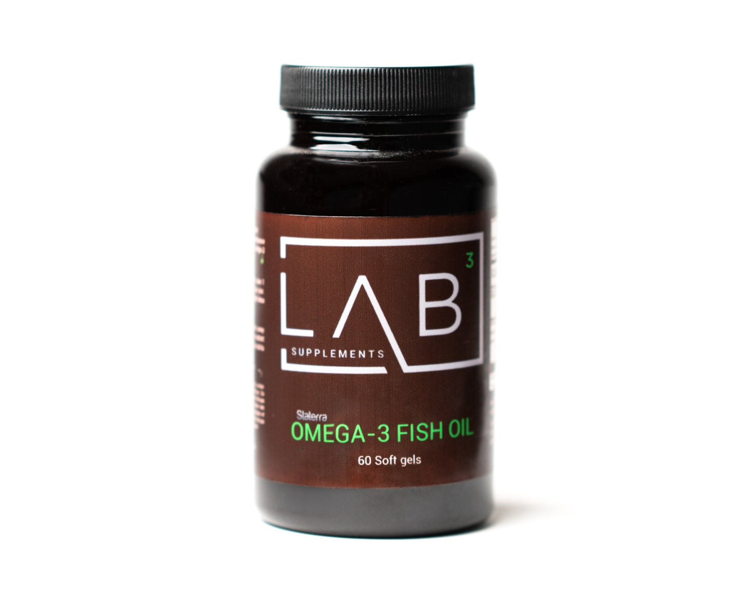 LAB branded Omega-3 Fish Oil supplement in small screw-top black bottle
